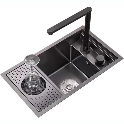 CAFIEDR Fregadero Invisible de Acero Inoxidable de un Solo tazón con Lavadora de Taza de Alta presión. Mini Lavabo de Isla Central. Fregadero Individual con g(Negro 58x26cm)