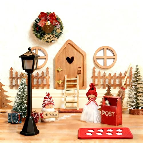 Wichteltür Weihnachts-Set, Miniatur Dekoration mit Holztür, Zaun, Laterne, Weihnachtsbaum, Briefkasten und Zubehör, DIY Weihnachtsdeko