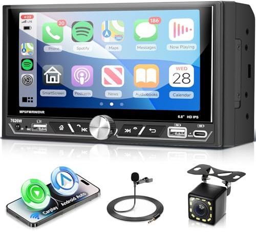 VECHTEL Autoradio 2 Din mit Drahtloses Carplay Android Auto, 6,8'' IPS HD Touchscreen Radio Unterstützung Bluetooth FM/AM/RDS 2USB/Typ-C MirrorLink Lenkrad-Bedienelemente Fernbedienung Rückfahrkamera