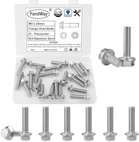 FandWay 31 Pièces Boulons A Bride Hexagonale,M8x20mm Vis à Tete Hexagonale avec à Bride,Vis Boulons a Bride en Acier inoxydable A2 (V2A / 304) .Filetage Complet,Pas de Filetage de 1,25mm.