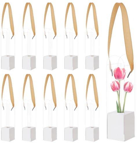 BENECREAT 12 Scatola Vuota con Fiori di Rosa Singoli, Scatole Regalo Trasparenti per Fiori Da 5x5x24cm per Matrimoni, Compleanni, Composizioni Floreali, Bianco