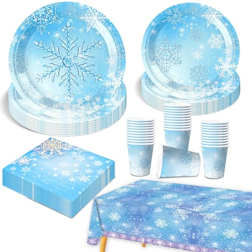 81 Pcs Snow Party Decorations, Party Supplies Tableware Set Snow Theme Birthday Decorations Included Plates Cups and Napkins Table Cloth Banner for 20 Guests Boys Girls Chrildren