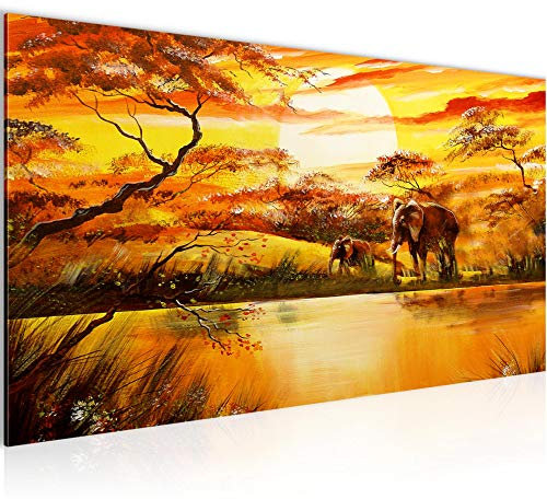 Runa Art Wandbild Afrika Elefant 1 Teilig 100 x 40 cm Modern Bild auf Vlies Leinwand Sonnenuntergang Wasser Wohnzimmer Schlafzimmer Orange 000412a
