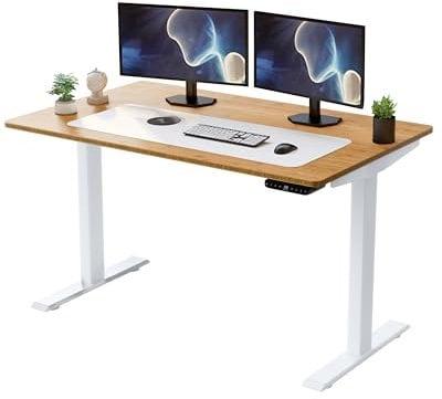 RISE UP Dual Motor Electric Standing Desk 48x30 Natural Bamboo Desktop Premium Ergonomic Adjustable Height Sit Stand-up Home Office Computer Desk Table Motorized Powered Modern Furniture Small