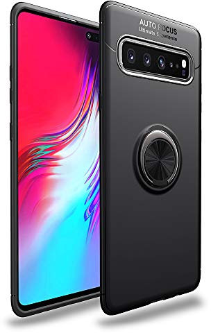 NALIA Case compatible with Samsung Galaxy S10 5G, Silicone Cover with 360 Degree Rotating Ring Holder for Magnetic Car-Mount, Protective Kickstand Bumper Slim Fit Shockproof Mobile, Color:Black