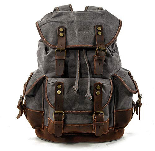 Mens Waxed Canvas Rucksack Leder Rucksack für Männer Wax Leather Rucksäcke Travel Vintage Bookbag mit Laptopfach Rustikal Large Waterproof,Darkgray