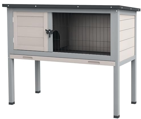 PawHut Elevated Wooden Rabbit Hutch, Indoor/Outdoor Bunny Cage with Hinged Asphalt Roof and Removable Tray for Guinea Pig, Light Gray