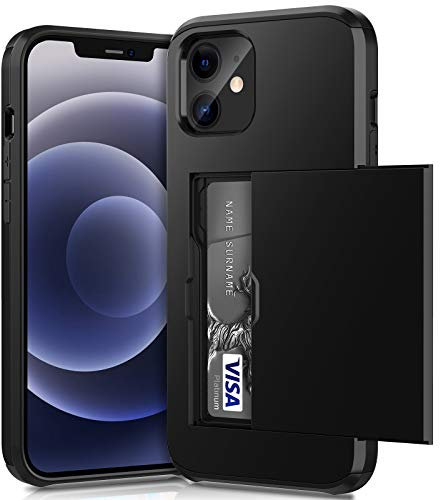 ACOCOBUY for iPhone 12 Mini Case with Card Holder Sliding Cover Hidden Pocket IDs Credit Cards Slot Heavy Duty Shockproof Protective Dual Layer Wallet Phone Cover Back Shell Men Women 5.4 inch Black