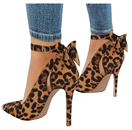Fashare Damen High Heels Fliege Stiletto Knöchelriemen Hochzeit Pumps Kleid Schuhe, A-Leopard, 37 EU