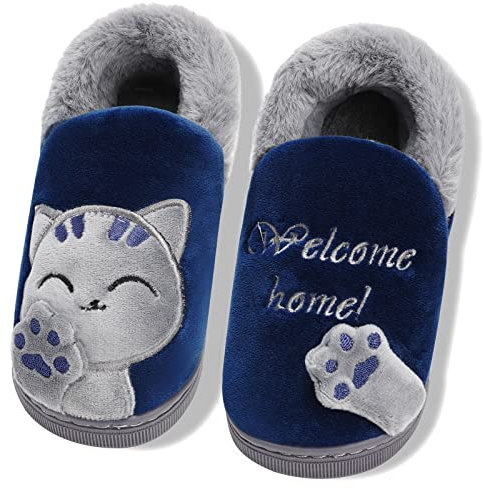 Pantofole da Casa Uomo Inverno Peluche Ciabatte Interne Morbido Antiscivolo Caldo Cotone Scarpe Suola di Confortevole Home Slippers, Blu Gatto, 40/41 EU