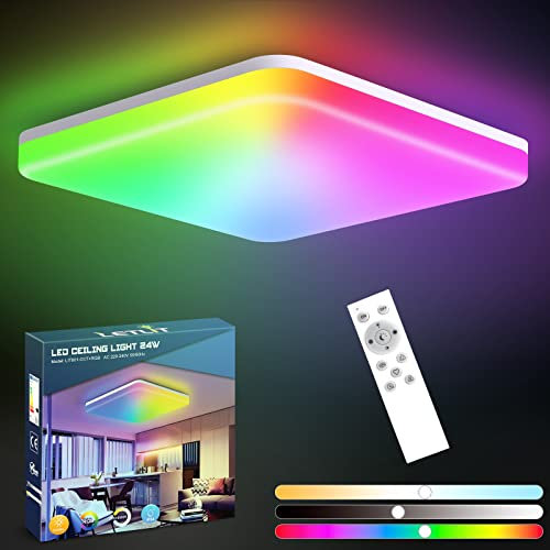 Letlit LED Deckenleuchte RGB Dimmbar mit Fernbedienung, 24W IP54 Deckenlampe Farbwechsel mit 6 RGB Farben, 2700K-6500K 2200LM Quadrat Lampe Flach für Wohnzimmer Schlafzimmer Kinderzimmer Küche, 27.5cm
