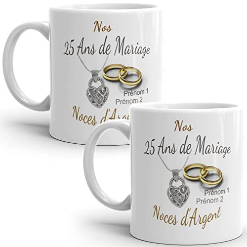 Mug duo 25 ans noces d'Argent personnalisable anniversaire mariage 2 prénoms tasse Idée Cadeau Originale Famille couple mari femme noel fete époux épouse