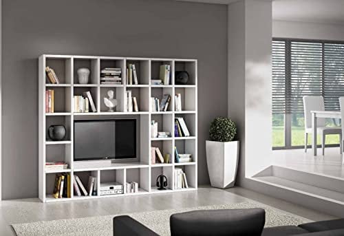 MARCA DESIGN - Libreria con Porta TV in Legno LPH 261x218x30 cm - Mobile Libreria Da Parete con 24 Scomparti - Mobile con Vano TV 126x83 cm - Cubi Interni 40x40 cm