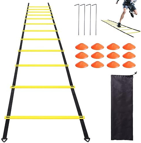 LWuuywa Fussball Trainingszubehör Kinder & Erwachsene, Trainingsleiter Koordinationsleiter 6M 12 Sprossen Trainingsleite mit 12 Hütchen 4 Pfählen Tragetasche Trainingsset Geschenke Jungen