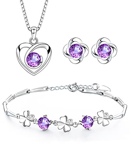 Josfeva Silver Jewellery Sets for Women, 925 Sterling Silver Stud Earrings & Necklace & Bracelet Set, Heart Pendant Necklace Clover Silver Studs & Bracelet Set, Lucky Jewellery Set with purple Zircon