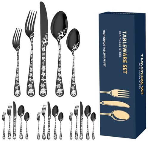 XIAOYU 20 pezzi Set di posate natalizie, servizio di posate nere per 4, posate in acciaio inossidabile, design unico del modello dell'alce di Babbo Natale, lavabile in lavastoviglie, nero