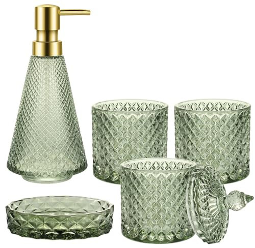 Ulable Green Bathroom Accessory Set, 5Pcs Bathroom Soap Dispenser Set, Green Glass Bathroom Accessory Set with Lotion Dispenser, Soap Dish, Toothbrush Holder, Tumbler, Cotton Swab Jars