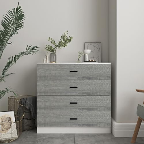 URBNLIVING Commode moderne à 4 tiroirs en bois pour chambre à coucher (carcasse blanche + tiroirs gris cendré, 4)