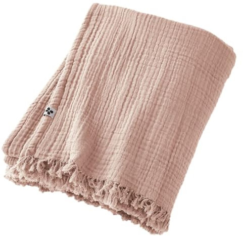 DOCK AVENUE Plaid à Franges 180 x 220 cm Gaze de Coton Unie Gaia Coloris Rose Guimauve