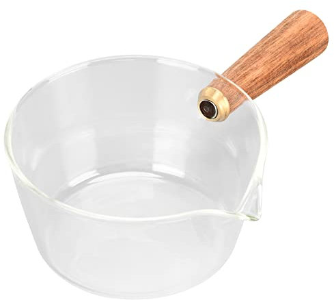 Casseruola, Lattiera in Vetro con Manico in Legno, Pentolino, Pastaiola con Beccuccio a V, Salsiera per Latte Zuppa Pasta Uova Riso (400ml)