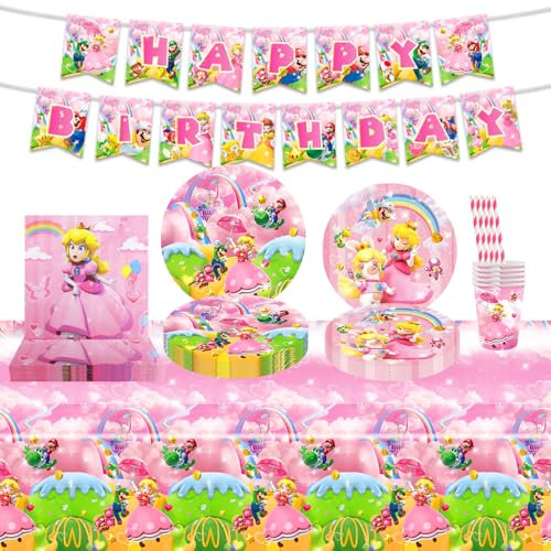 Birthday Party Decorations, 62PCS Party Tableware Set Party Supplies Princess Peach Balloons Super Brother Birthday Decorations Cake Toppers Napkins Birthday Banner Plates Party Tableware