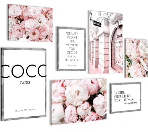 Novart Wandbilder Coco Fashion - KOMPLETT AUFHÄNGFERTIG - Blumen Rosa Wohnzimmer Mädchen Teenager - 7 Moderne Mood-Bilder - N016072a