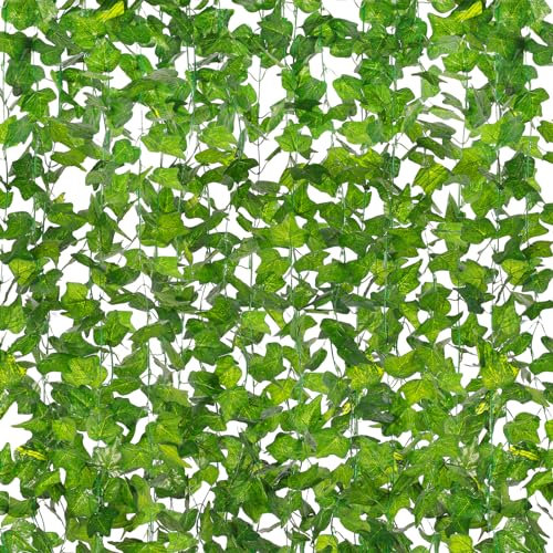 Homvik Ghirlande di edera artificiale, confezione da 12, 210 cm di lunghezza, realistiche, per l'estetica della stanza e il giardino, decorazione da parete per interni ed esterni, foglie finte verdi,