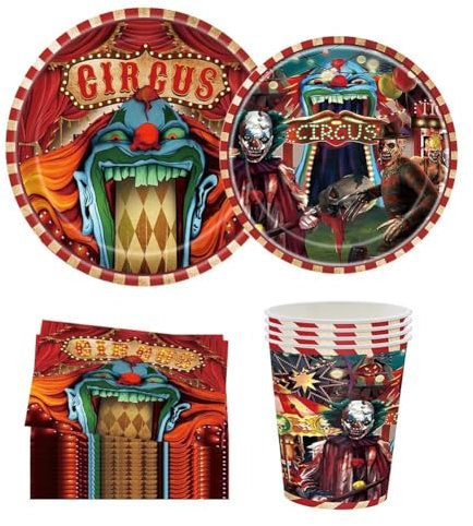 80 pezzi Halloween Stoviglie per Feste, Set di Stoviglie a Tema Halloween, Forniture per Feste Dell'orrore di Halloween Include Piatti, Tovaglioli Tazze, Clown Spaventosi