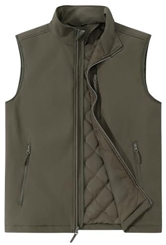 Outdoor Ventures Men's Softshell Puffer Gilet Waterproof Hydrid Gilet Windproof Outerwear Vest Winter Padded Bodywarmer Insulted Jacket with 4 Pockets for Running Cycling Hiking Golf Olive Green M