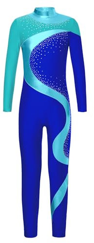 Miaeowve Voltigieranzug Ganzkörper Kinder Mädchen Langarm Gymnastikanzug Strass Glitzer Ballettbody Metallic Patchwork Tanztrikot Wettbewerb Tanzkleidung Blau, Grün und Blau 170