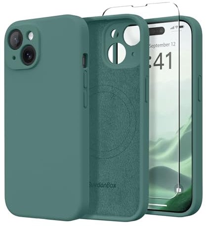 SuydanBox Magnetic for iPhone 13 Case, Compatible with MagSafe, [Full Camera Protection][Screen Protector] Silicone Shockproof Protective Phone Case for iPhone 13 6.1, Midnight Green