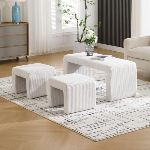 chairus Lot de 3 Pouf Ottoman Salon Banc Entrée avec 2 Repose-Pieds Tabouret Bas en Velours Côtelé Banc Chaussures Entrée, Blanc