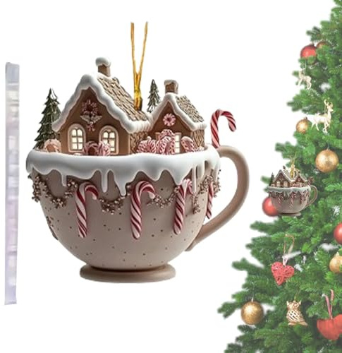 de chocolate caliente para el árbol de Navidad, taza caliente, decoraciones navideñas | Casas de nieve de Navidad, de taza de chocolate caliente, acrílico 2D, colgante de decoración de