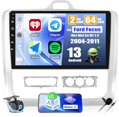 [2G+64G] Android 13 Autoradio mit Bluetooth für Ford Focus Exi MT 2 3 Mk2/Mk3 2004-2011 mit Carplay Android Auto,9“ Touchscreen-Radio mit GPS WiFi FM/RDS EQ Mirror Link+Rückfahrkamera&Mic