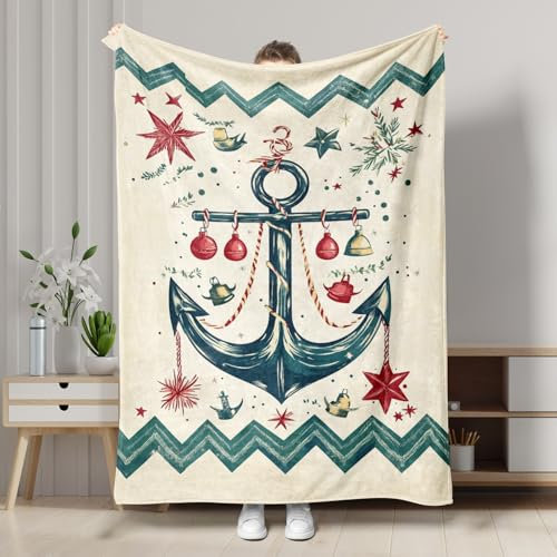 Fleecedecke mit nautischem Anker-Druck, cremefarben, Vintage-Stil, maritim, Dekoration, Sommerboot, weiche, gemütliche Schlafdecke für Sofa, Bett, alle Jahreszeiten, 127 x 152 cm