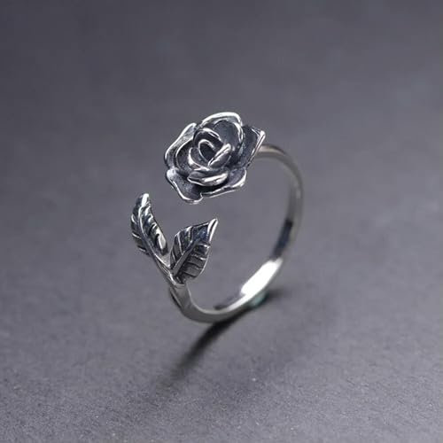 Anello da Donna in Vero Argento S925 con Fiore di Rosa Portafortuna e Foglia, Regolabile