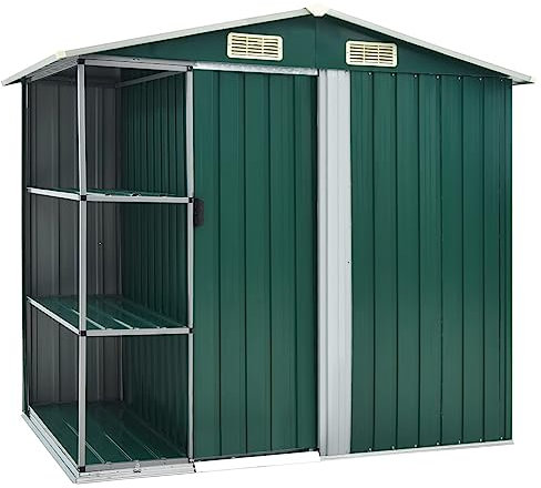 Brokky Gartenhaus mit Regal Grün 205x130x183 cm Eisen GartenhüTte Blech Garagenzelt Schuppen Garten