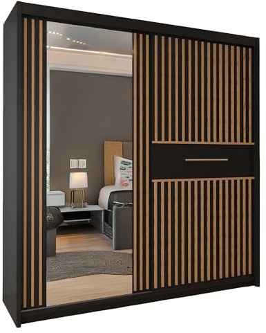 MN Furniture Cairo Classic Sliding Wardrobe with Multi-Tier Shelves, Hanging Rod & 2 Sliding Doors in 2 Colors with 2 Sizes (Black/Votan, 150cm)