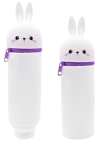 DEZP 1 Stück Kawaii Pencil Case 2 In 1 Soft Silicone Federmäppchen 18.5*6.5Cm, Multifunktions Tiere Theme Pen Holder Zipper Colored Pencils Marker, stifte mäppchen Für Legami Pens(Hai，C) (Kaninchen)