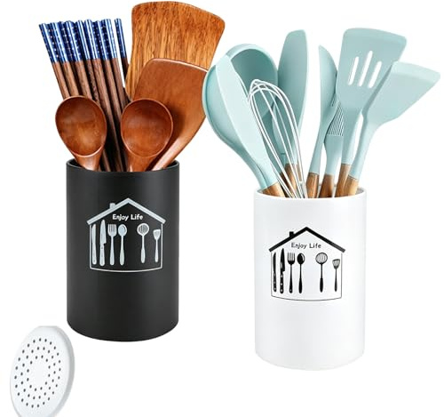 QUMENEY 2 Pcs Kitchen Utensil Holder Stainless Steel Cutlery Holder Pot Utensil Crock Holder for Kitchen Counter Storage Utensil Organizer Flatware Caddy（Black + White）