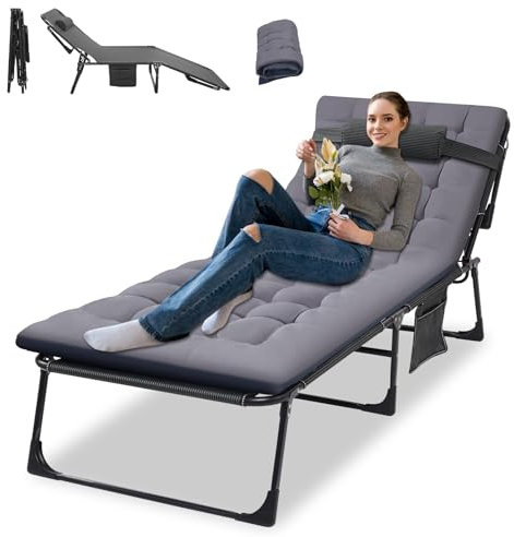 Sonnenliege Klappbar, Liegestuhl Gartenliege 200kg Belastbar mit 4-Fach Verstellbarer Rückenlehne, Gartenstuhl Tragbar Strandlieg mit Matratze, Seitentaschen und Kopfstütze, für Garten Balkon Camping