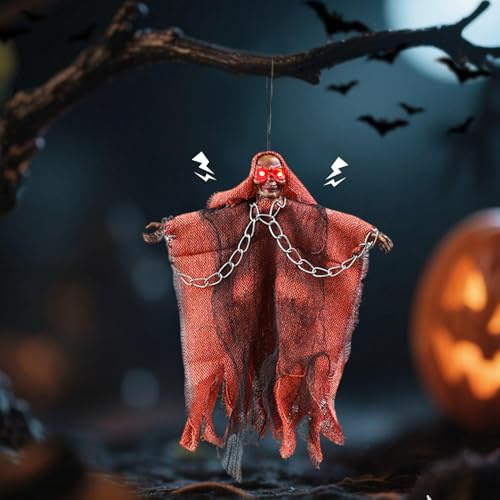 Halloween Deko Outdoor Skelett mit Sound & LED-Augen Licht, Skelett Halloween Dekoration, Hängend Geister LED, Horror Deko Skeleton Leuchtend, Gruselig Skelet, Halloweendeko Totenkopf für Garten (B)
