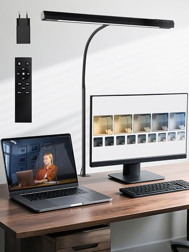 Schreibtischlampe LED Dimmbar,5 Farben+9 Helligkeitsstufen Monitor Lampe | 1000 Lumen Augenschutz LED Schreibtischlampe Klemmbar, 12W Tischlampe mit Fernbedienung+Touch-Steuerung für Büro/Bildschirm