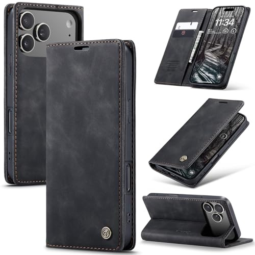 Azororo Handyhülle für iPhone 17 Pro Max 5G Hülle Premium Lederhülle Flip Case Magnet Tascher Kartenfach Standfunktion Klapphülle Schutzhülle für iPhone 17 Pro Max, Schwarz