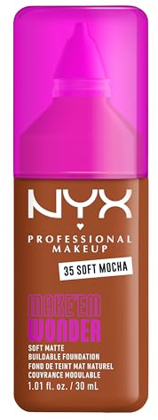 NYX Professional Makeup Make 'Em Wonder Foundation, 24H Soft Matte Aufbaubare Foundation, Mit hoher Deckkraft, Mattes Finish, 35 Soft Mocha