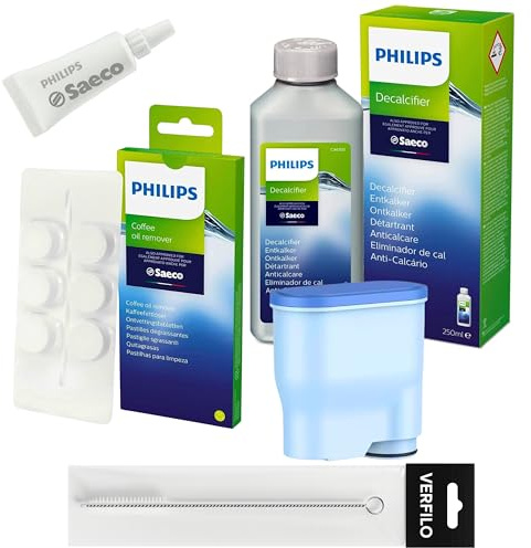 Wartungsset für Philips Kaffeemaschinen - 250 ml Entkalker CA6700, HD5061 Schmierfett, CA6704/10 Kaffeeentfetter + VERFILO Ersatzwasserfilter für CA6903, Reinigungsbürste VERFILO
