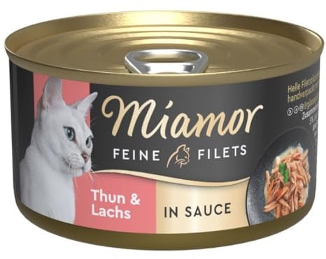 Miamor - Feine Filets in Sauce | Nassfutter für ausgewachsene Katzen mit Filetstückchen in Sauce. Fettarmes Ergänzungsfutter in der Dose ohne künstliche Zusätze | 24x85g Thun &Lachs