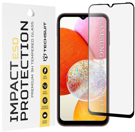 Techsuit Displayschutzfolie für Samsung Galaxy A14 4G, Galaxy A14 5G Gehärtetes Glas mit Antistatisch, Staubabweisend, Vollständige Abdeckung, Stoßschutz, Oleophobe Beschichtung, Anti Fingerabdruck, E