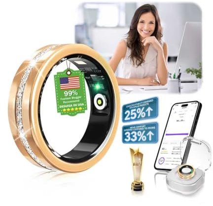 IUHFSIFS 10. Gen Diamant Smart Ring 【IP68 Wasserdicht-0 Messfehler】 und Kabelloses Ladeetui, Fitness Tracking Ring with Heart Rate, Sleep Monitor，Smartring Kompatibel mit Android und iOS,Gold 7