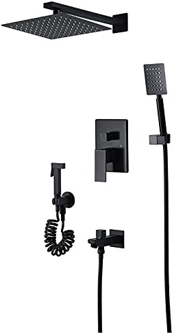 Rain Shower Wall Mount Shower Faucet Set with Tub Spout, Single Handle Rain Mixer, Shower Head, Handheld Sprayer, Bidet Sprayer, Brass Combo Set